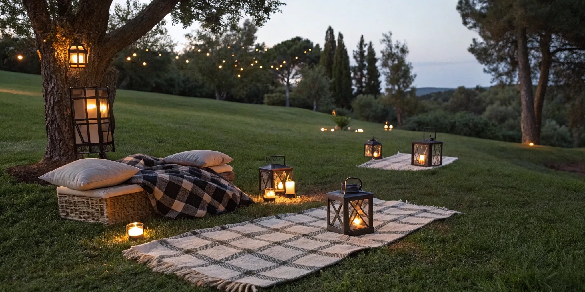 Battery lanterns illuminating a cozy outdoor picnic on the grass at dusk.