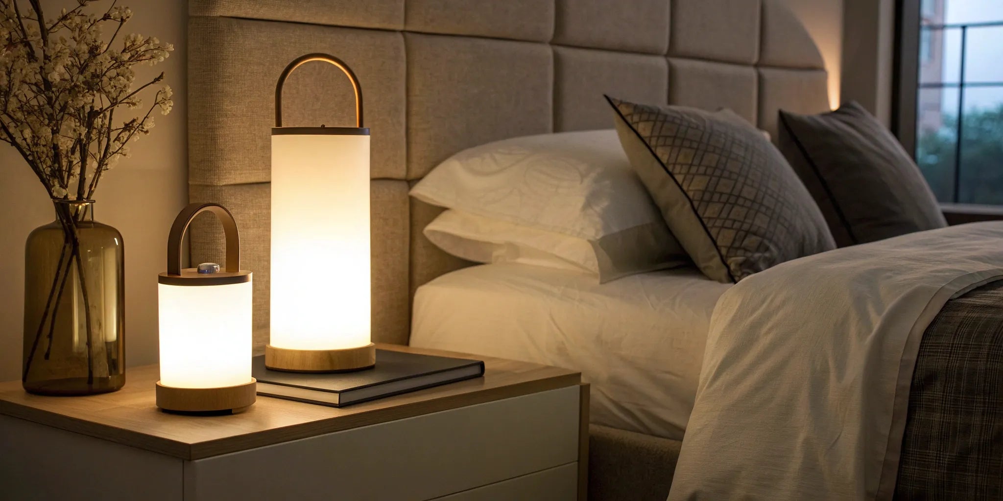 A modern battery night lamp glowing on a bedside table in a dark bedroom.