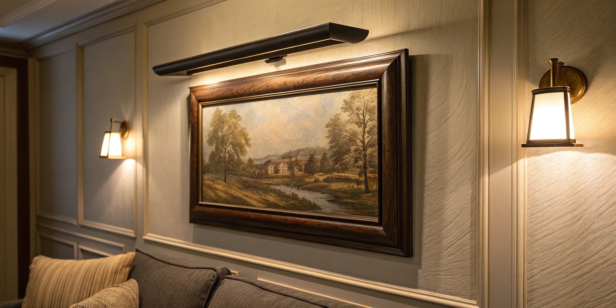 A battery operated picture light highlights a framed painting on a living room wall.