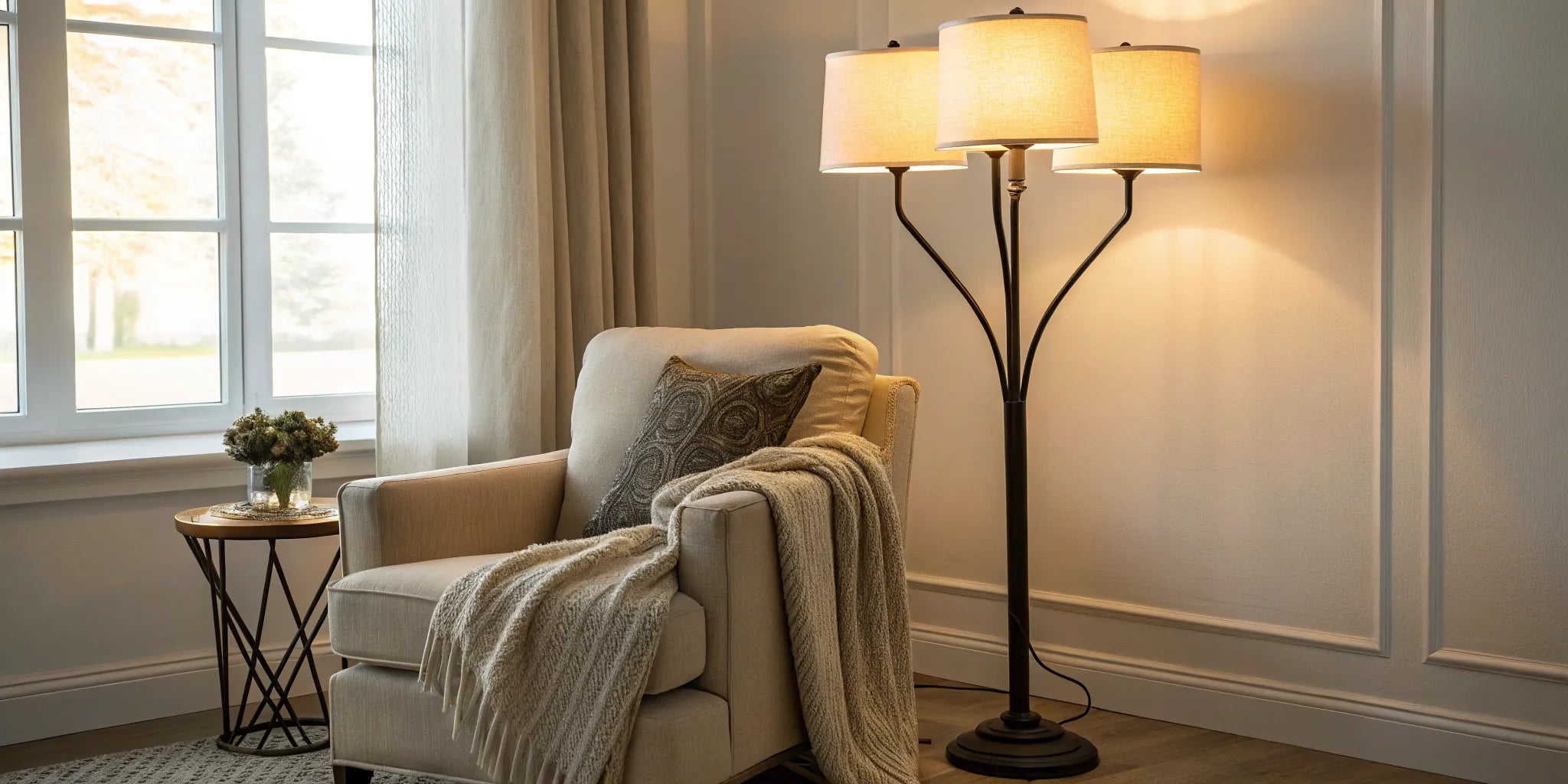3-lamp floor lamp providing warm light.