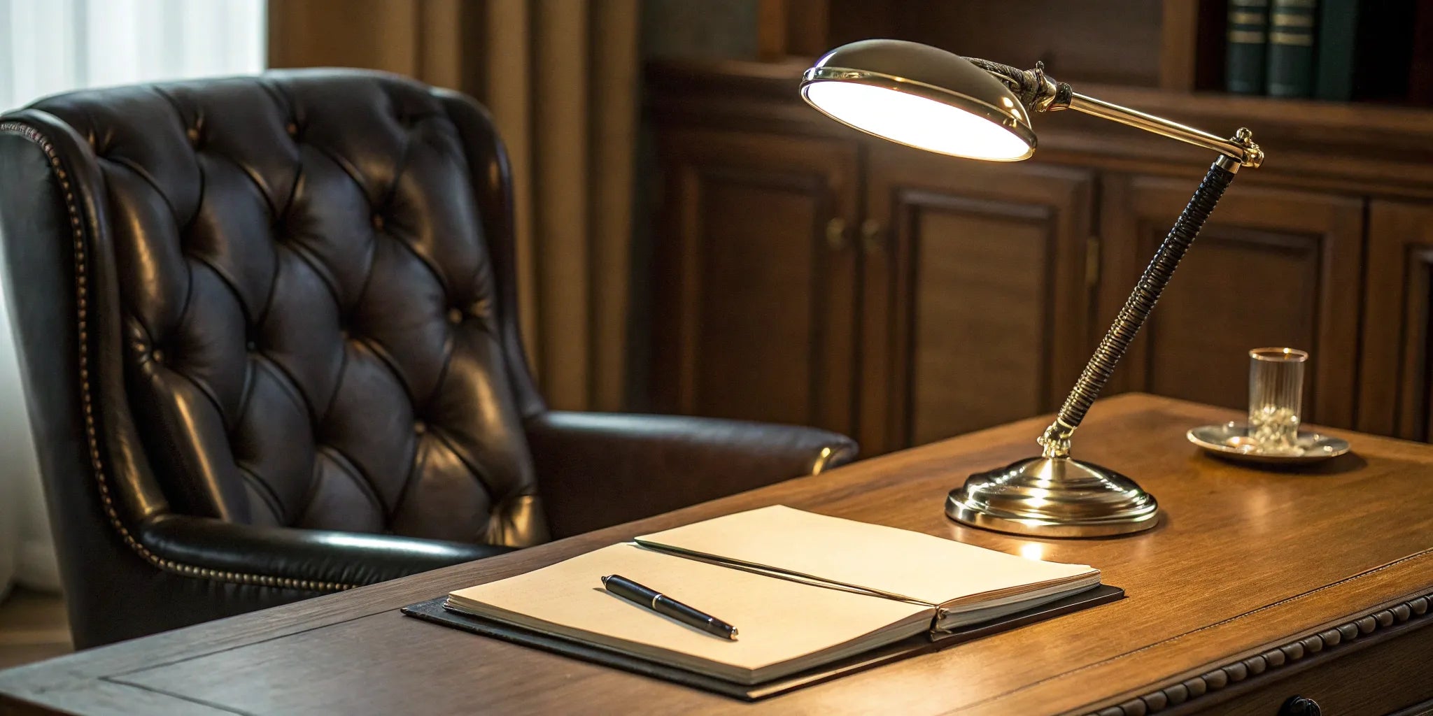 Desk lamp and magnifier on a desk.