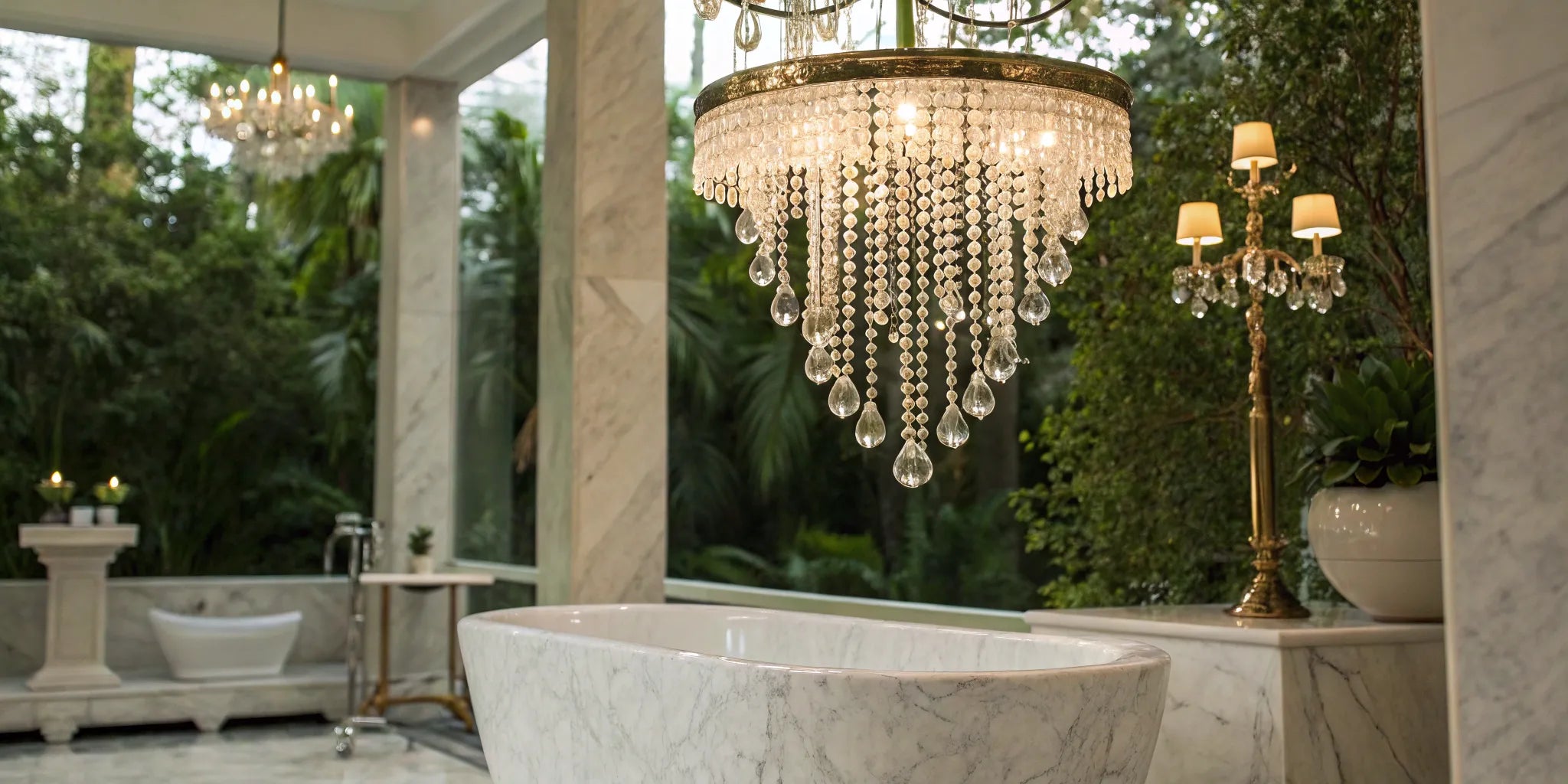 Elegant chandelier above a luxurious bathroom.