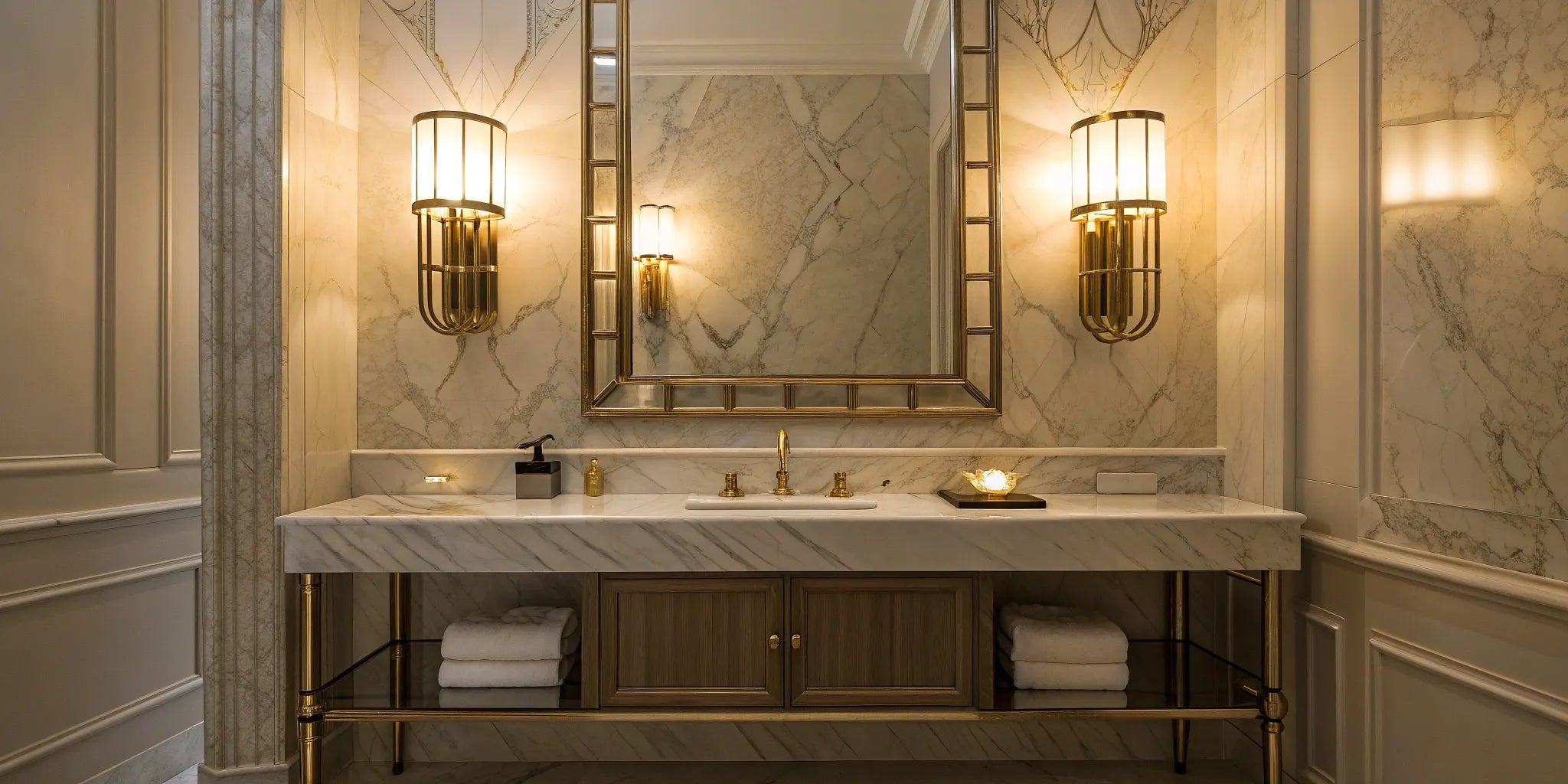 Gold bathroom sconces flank a vanity mirror.