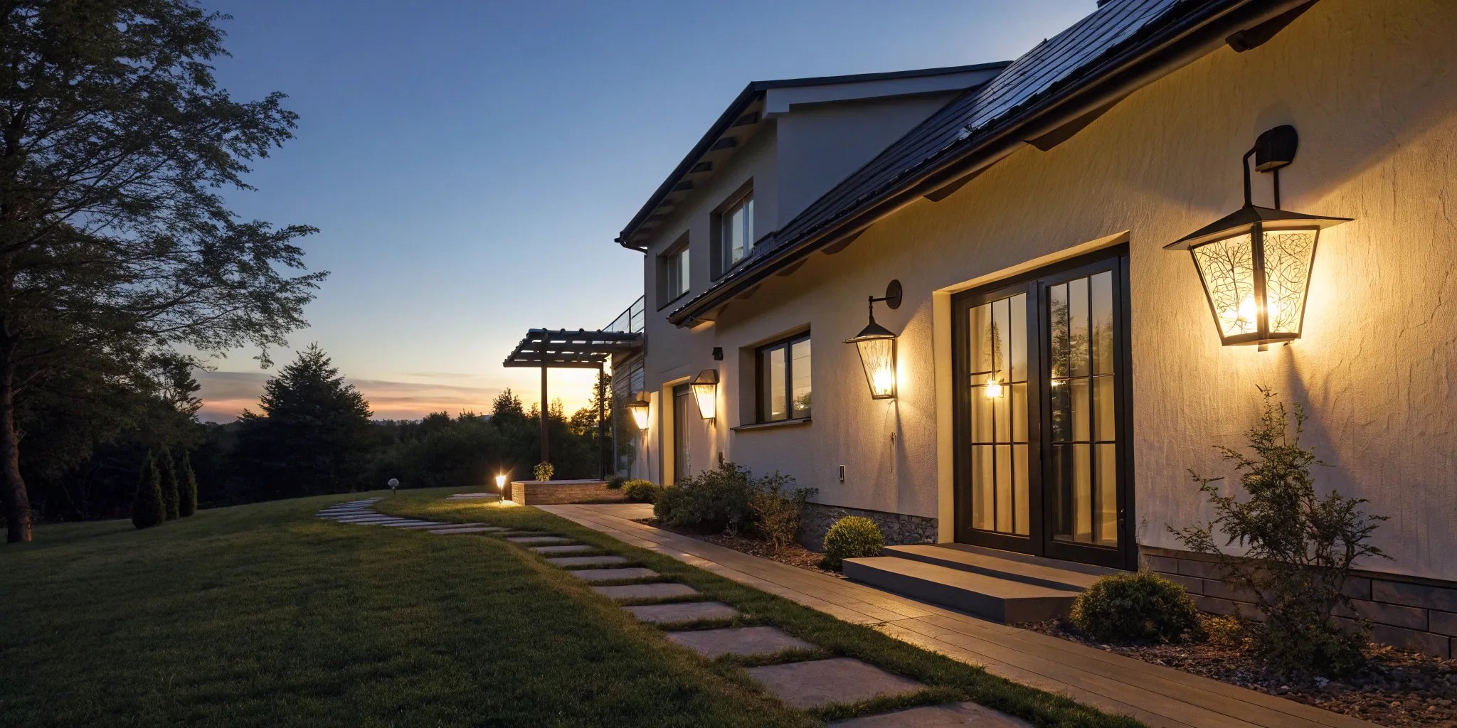 Solar-powered wall lights illuminate a home's exterior.