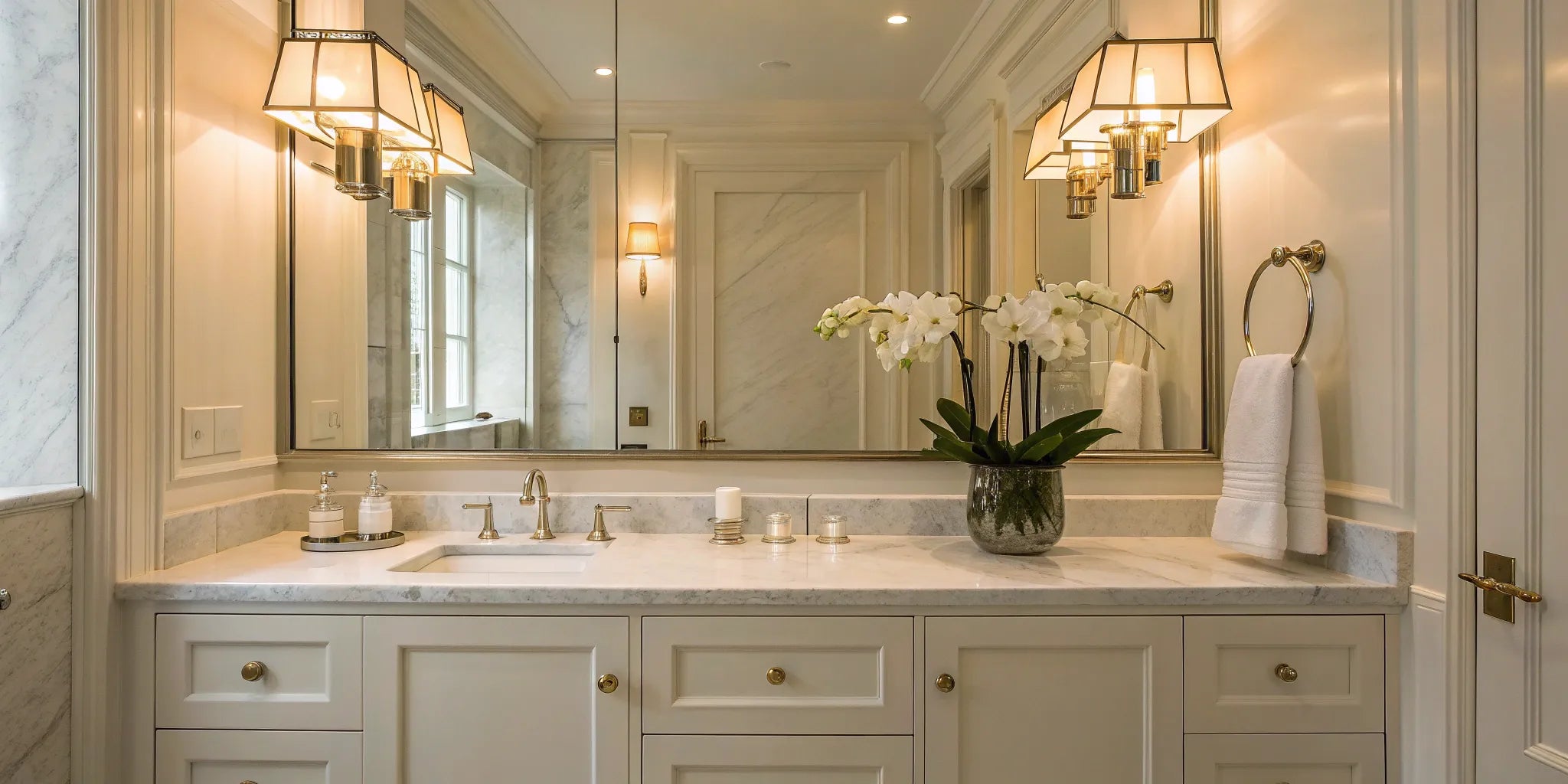 Bathroom vanity with bright lights and a mirror.