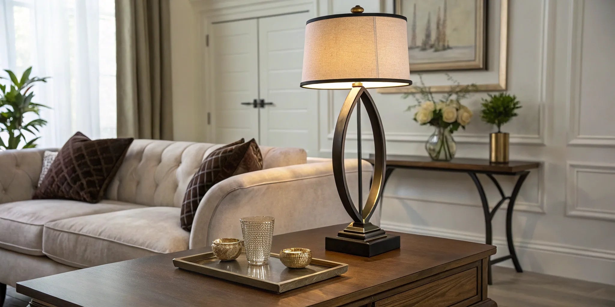 Stylish table lamp on living room table.
