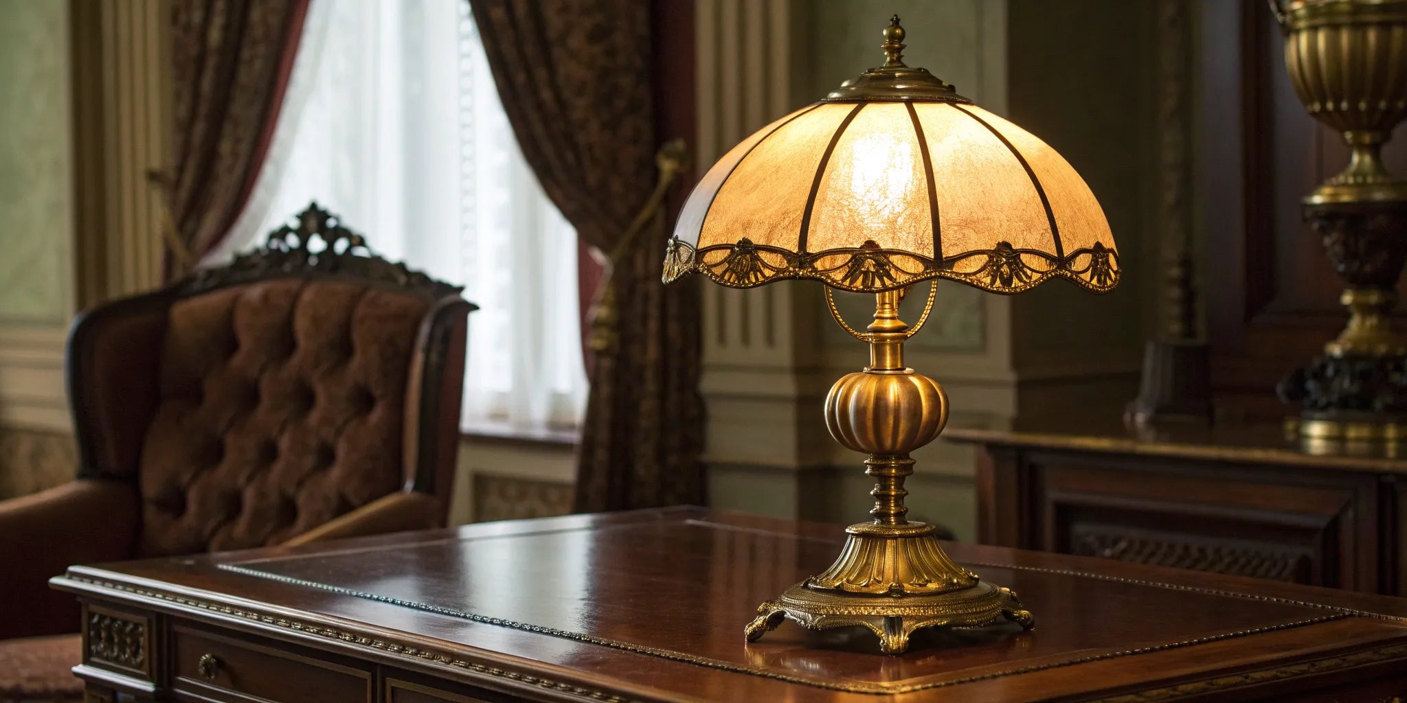 Antique brass desk lamp with vintage shade.