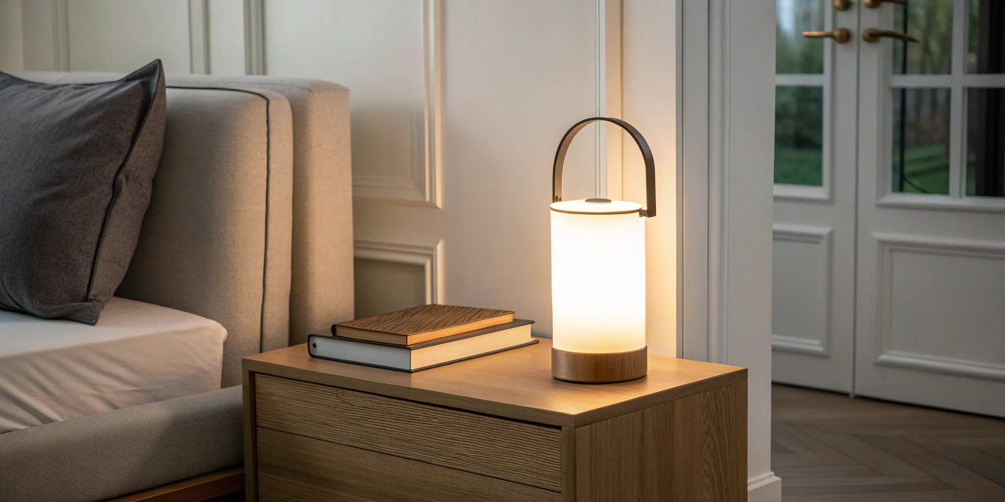 A modern battery-powered emergency lamp on a nightstand for power outages.
