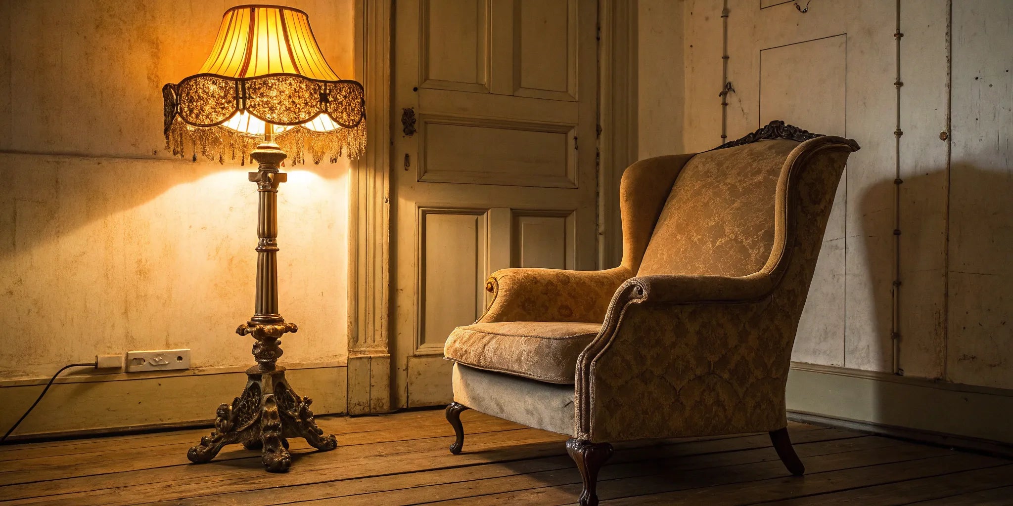 Antique floor lamp with ornate shade.