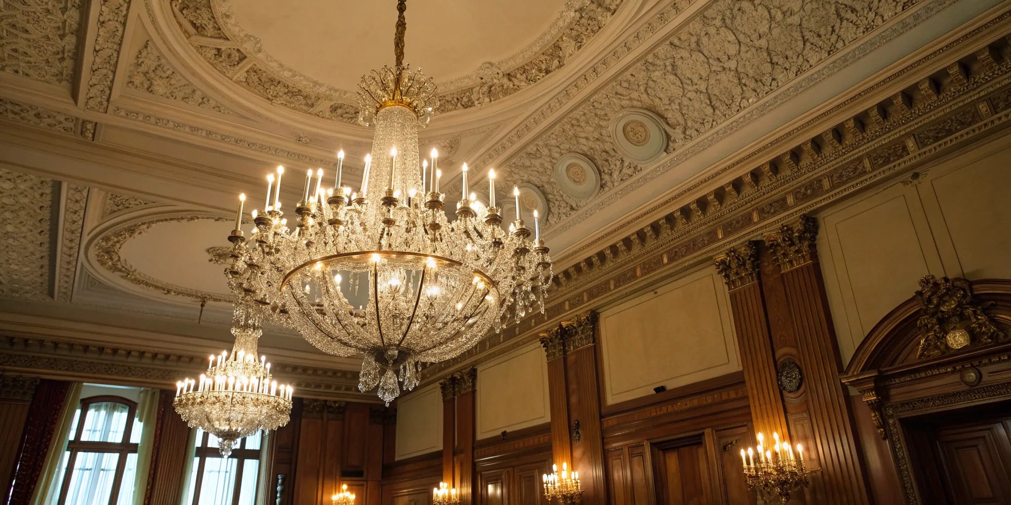 Antique chandelier with ornate crystal details.