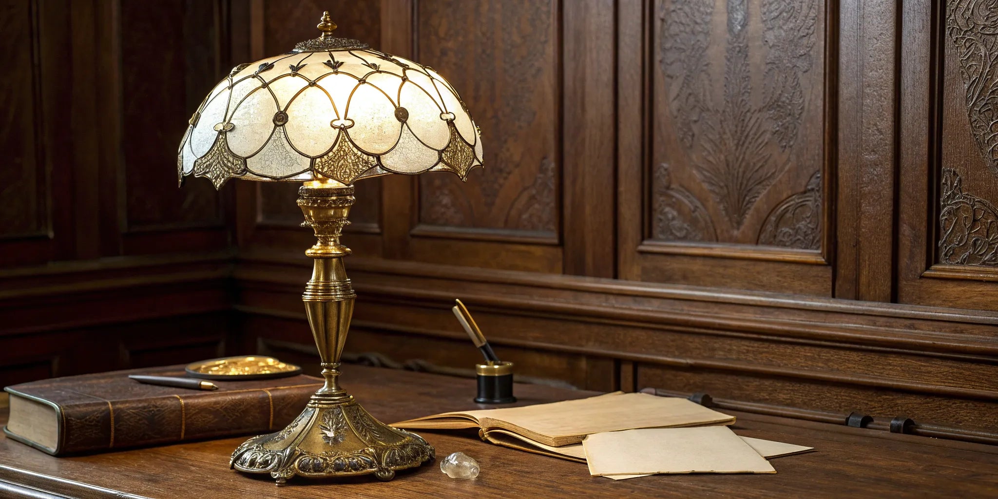 Antique brass desk lamp with glass shade.