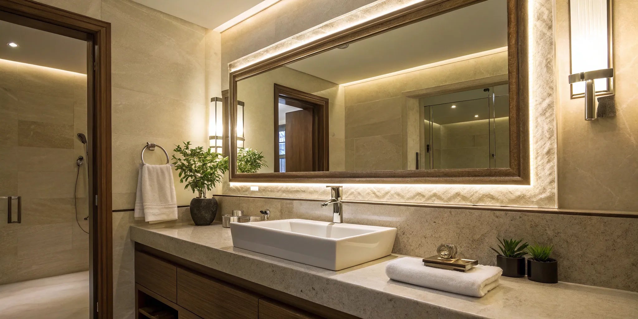 Bright bathroom with recessed lighting and vanity.