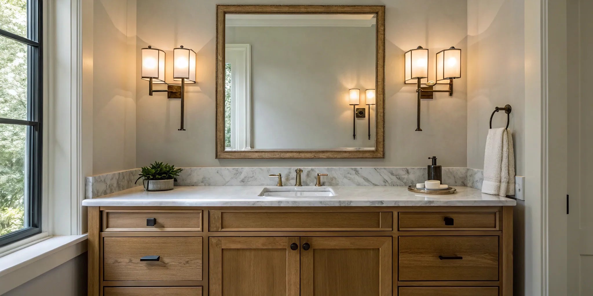 Bathroom vanity with wood cabinets and modern wall lights.