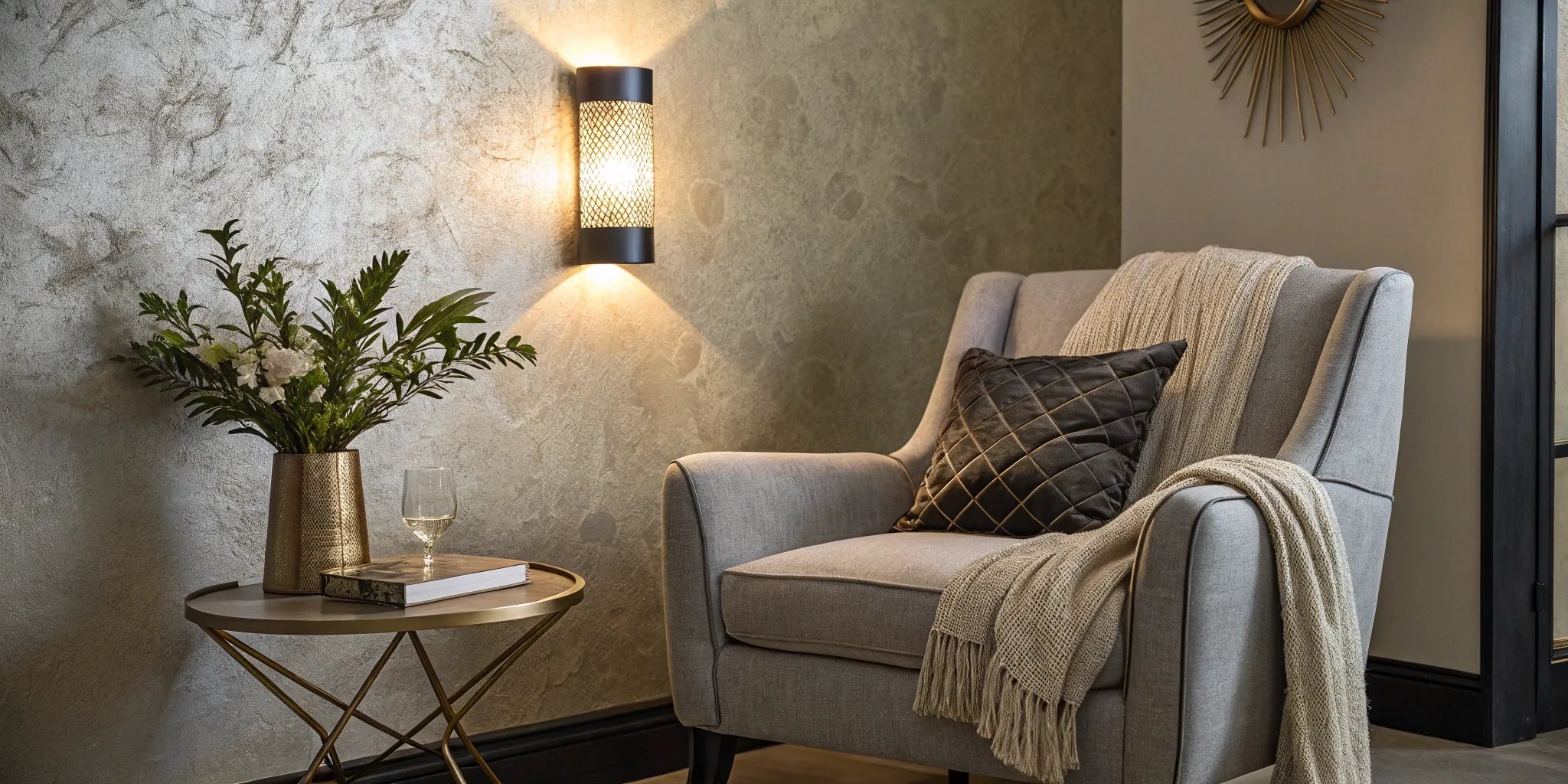A wireless battery operated wall light creates a cozy reading nook in a modern living room.