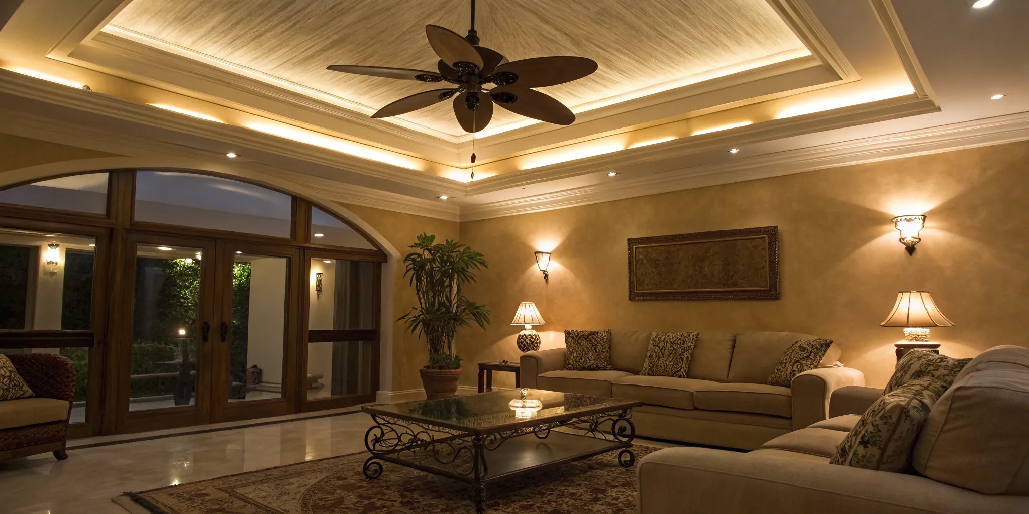 Ceiling fan with remote and integrated light.