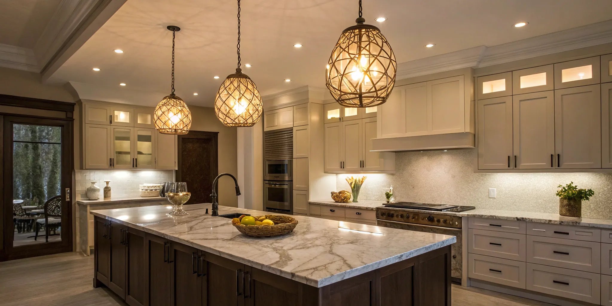 Kitchen ceiling lights illuminate a modern marble island.