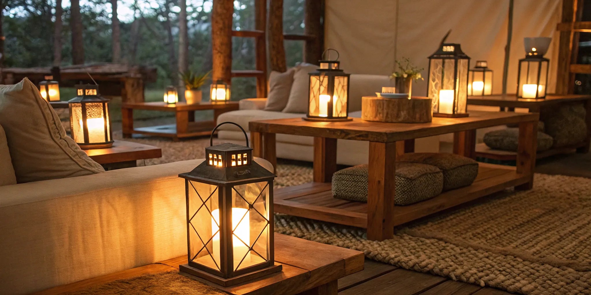 Bright LED lantern illuminates a wooden table.