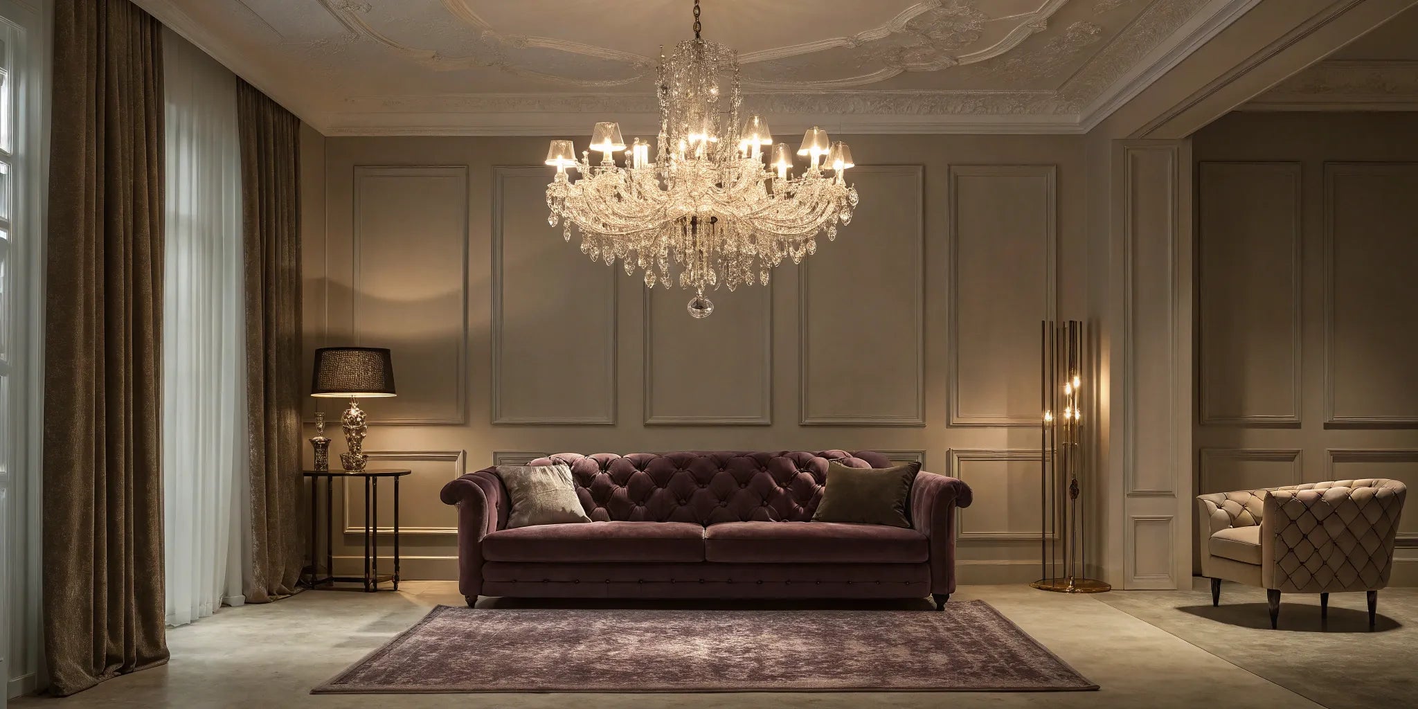 Crystal chandelier above a plush sofa.