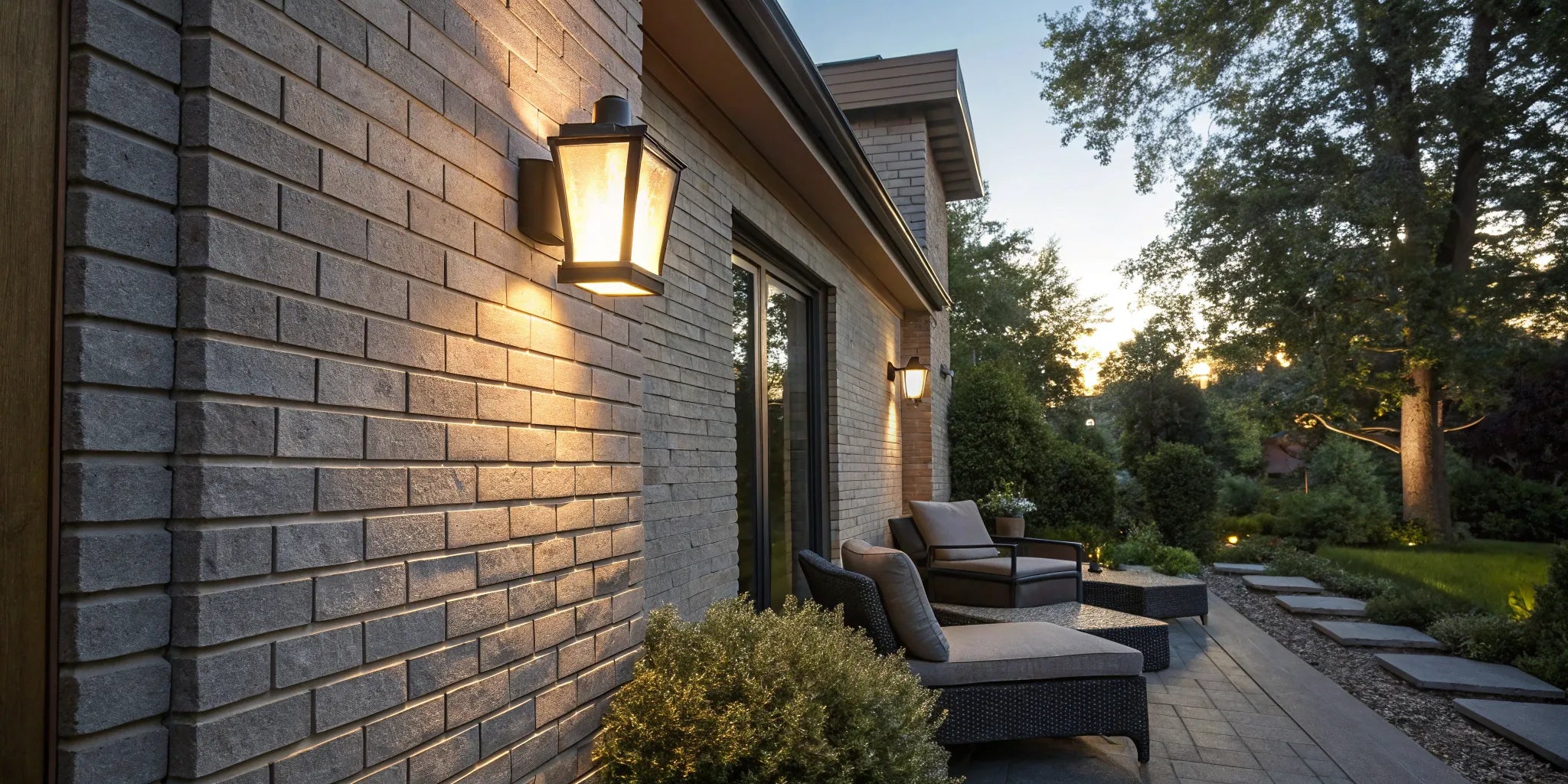 Motion-activated outdoor wall light on brick wall.