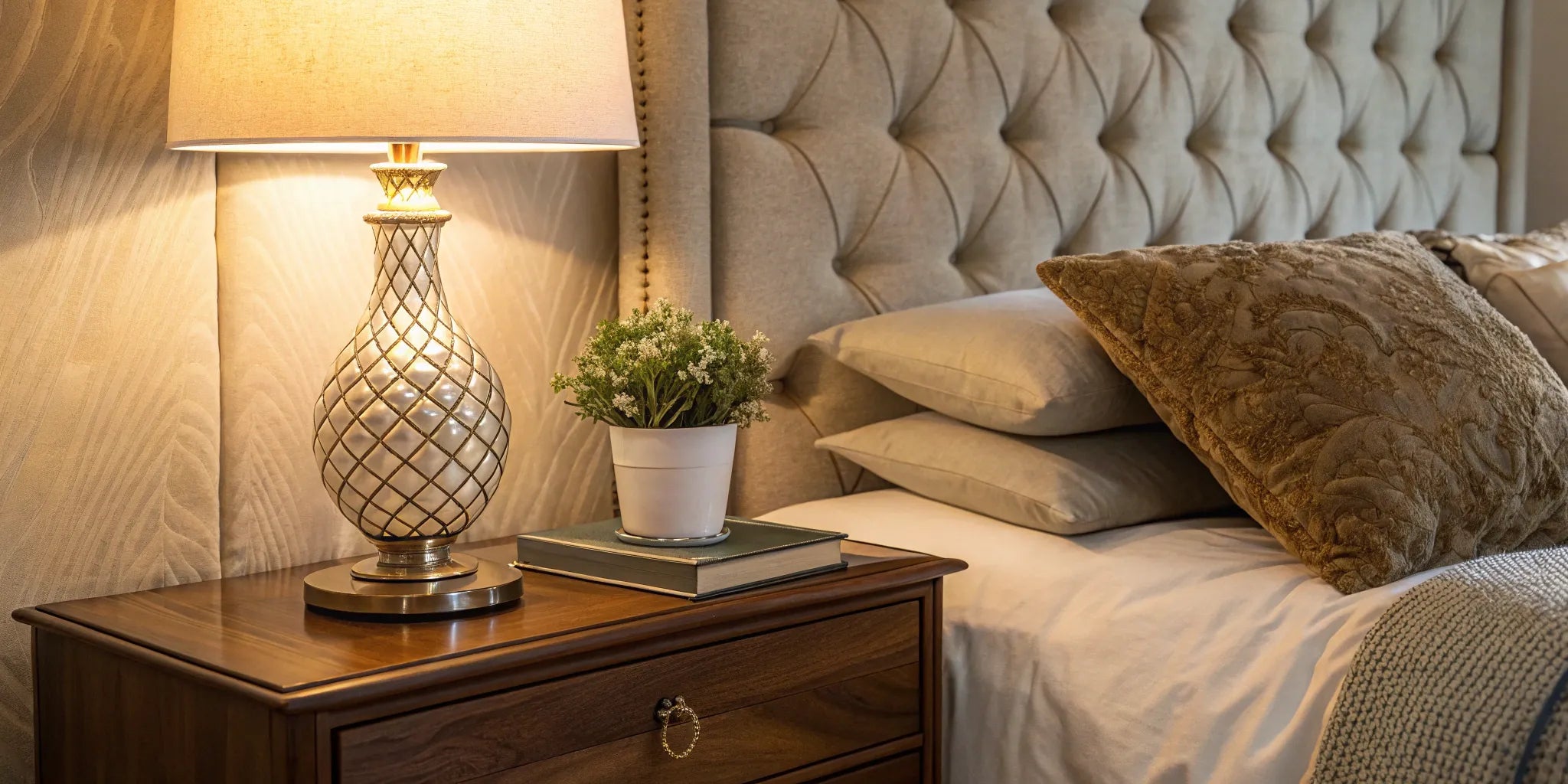 Stylish night table lamp on a nightstand with books.