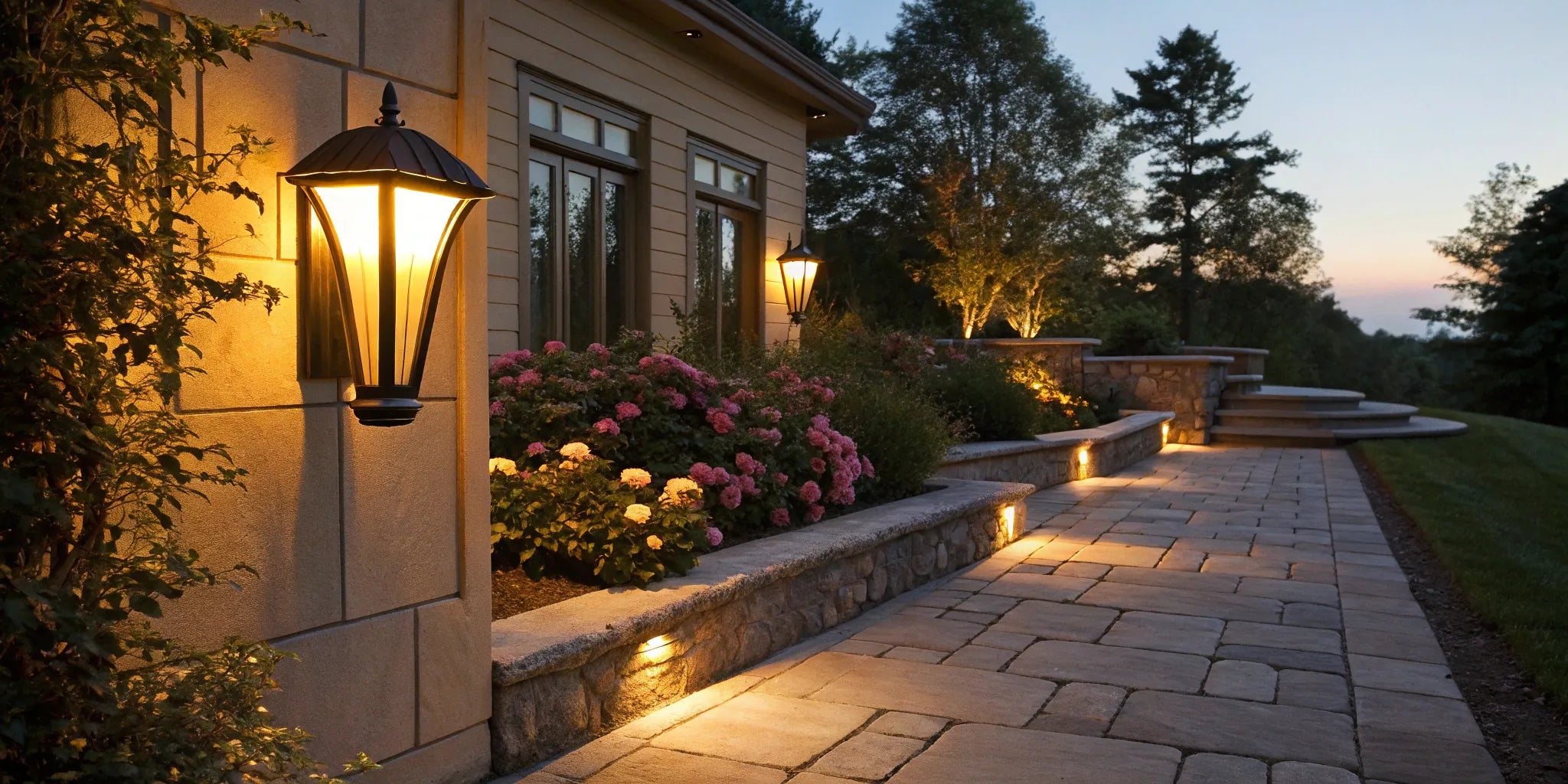 Outdoor wall sconces brighten a garden path.