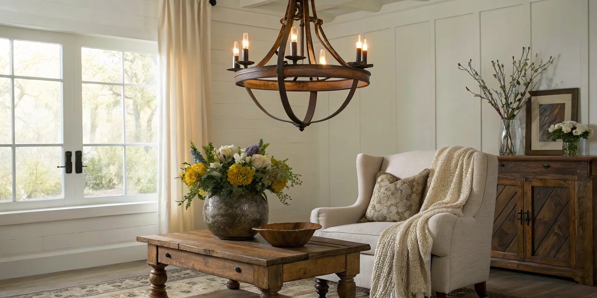 Rustic chandelier hanging from the ceiling.