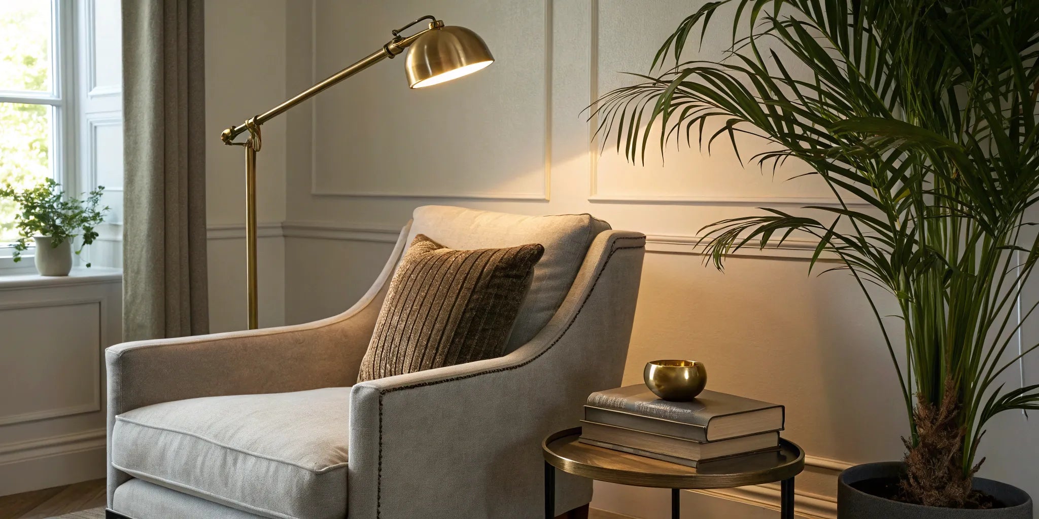 Brass swing arm wall light above armchair in reading nook.