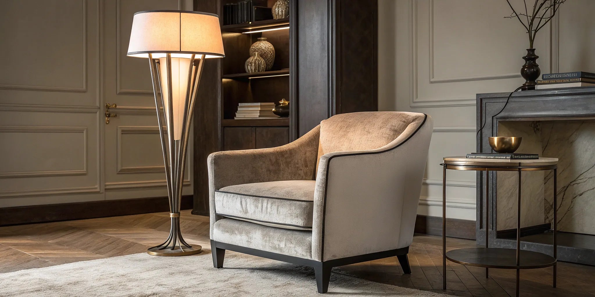 Stylish floor lamp beside a table lamp on a round side table.
