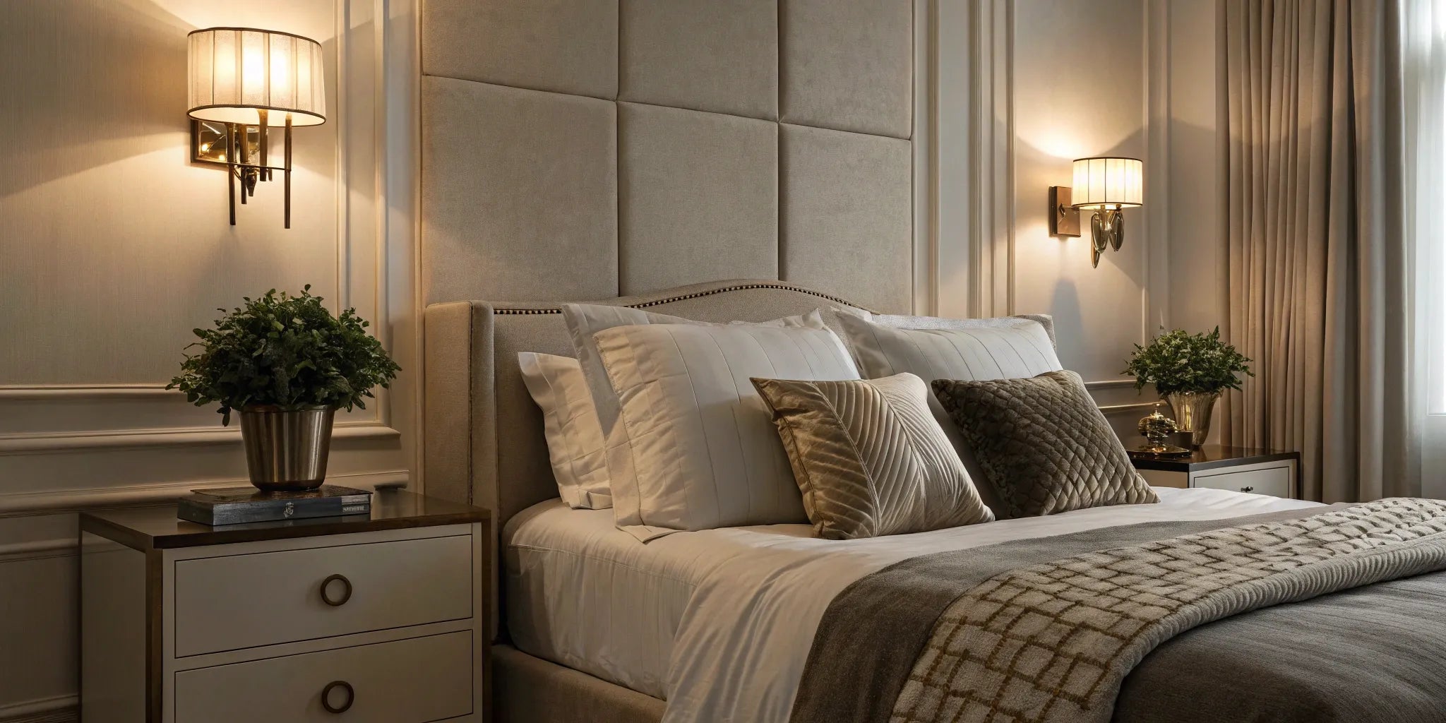 Wall-mounted lights brighten a bedroom.