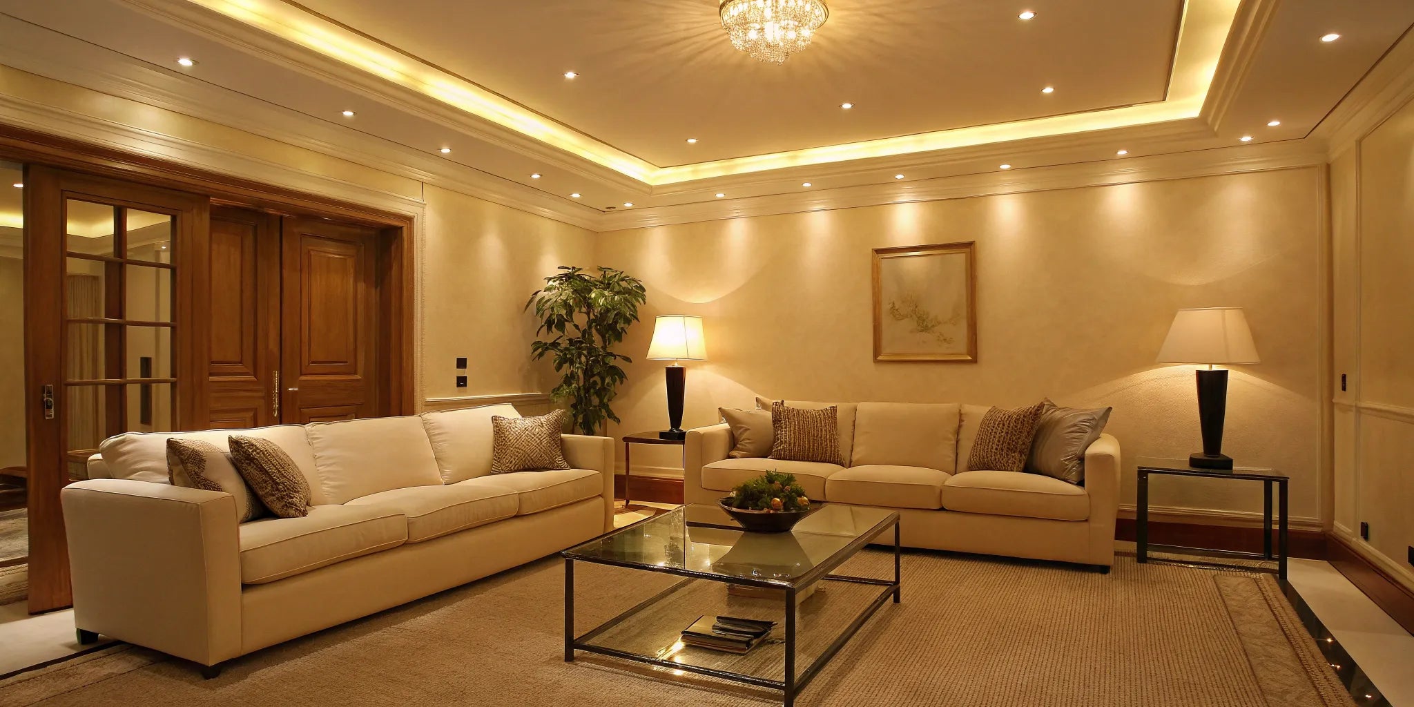 Top-rated recessed lights provide warm, ambient living room lighting.