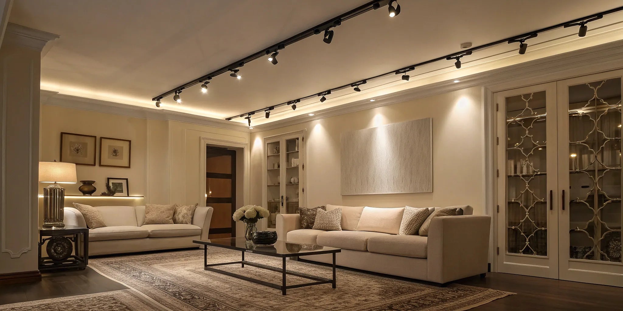 Stylish track lights illuminate a modern living room.