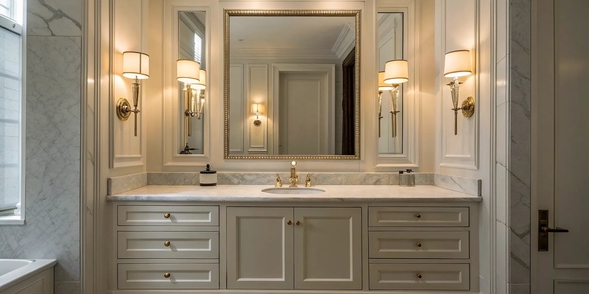 Bathroom vanity light fixtures above a marble countertop.