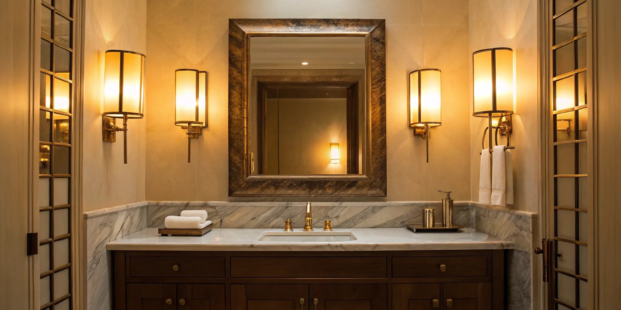 Warm vanity lighting brightens a bathroom.