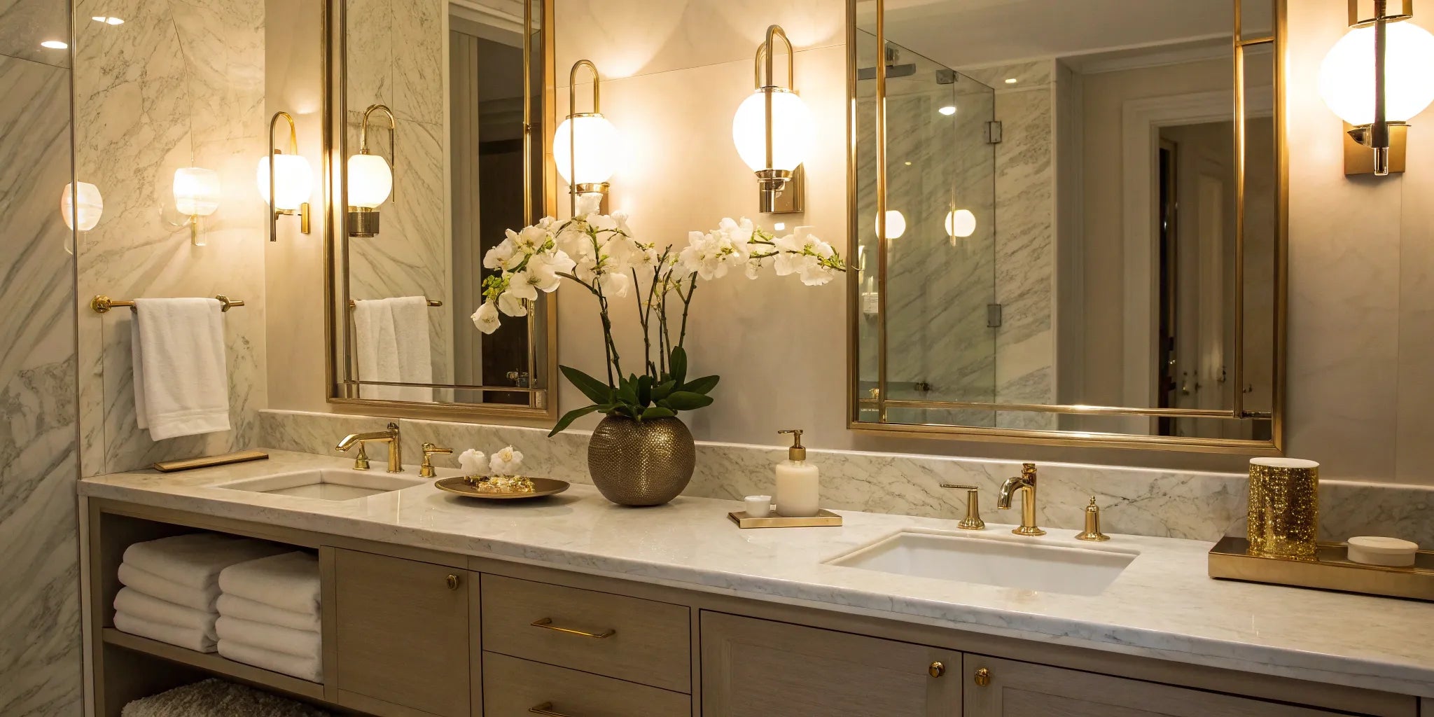 Elegant globe vanity lights with gold fixtures.