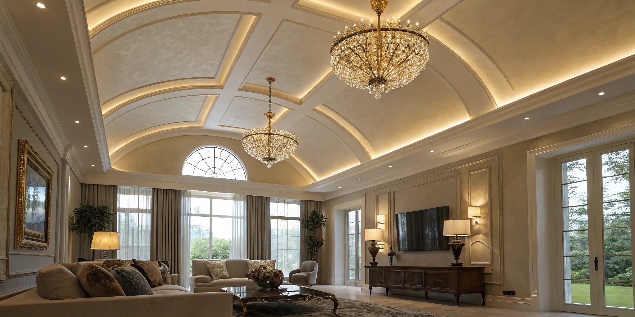 Vaulted ceiling with elegant light fixtures.