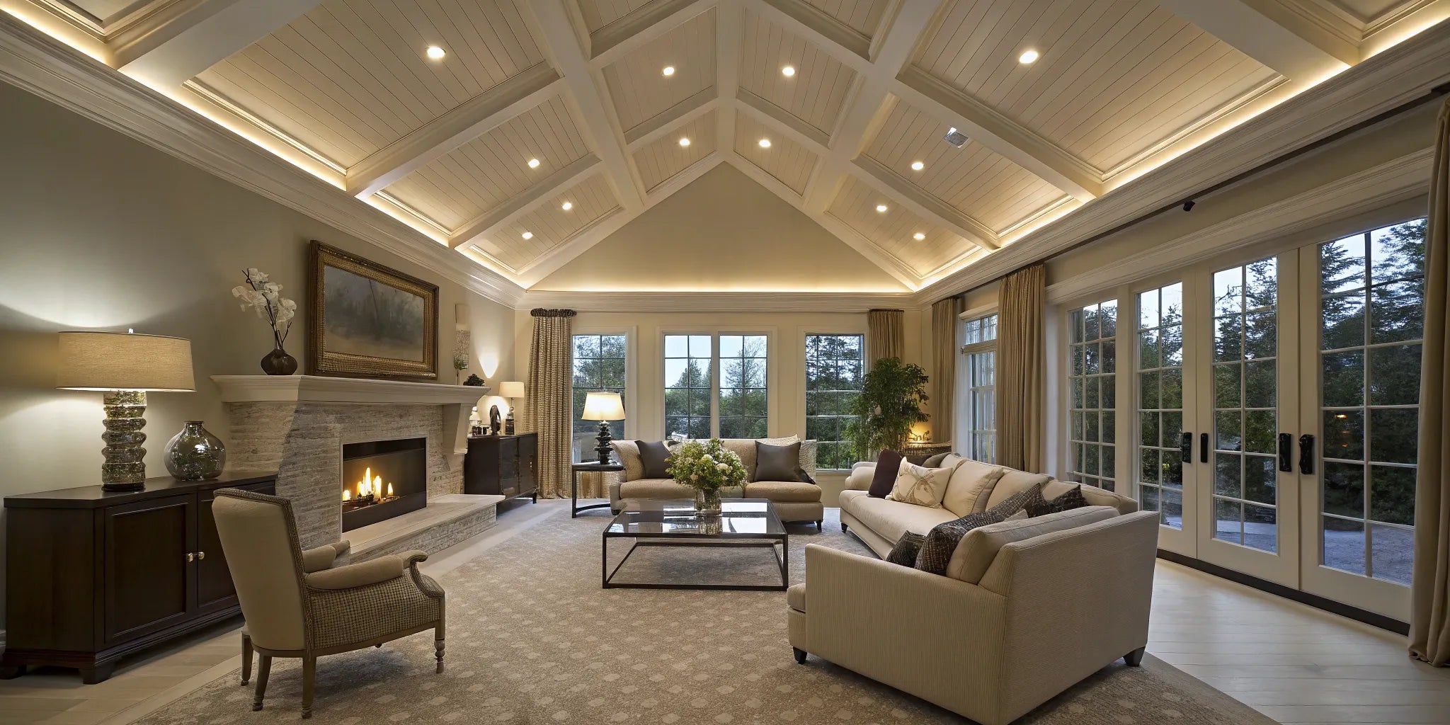 Vaulted ceiling with recessed lighting.
