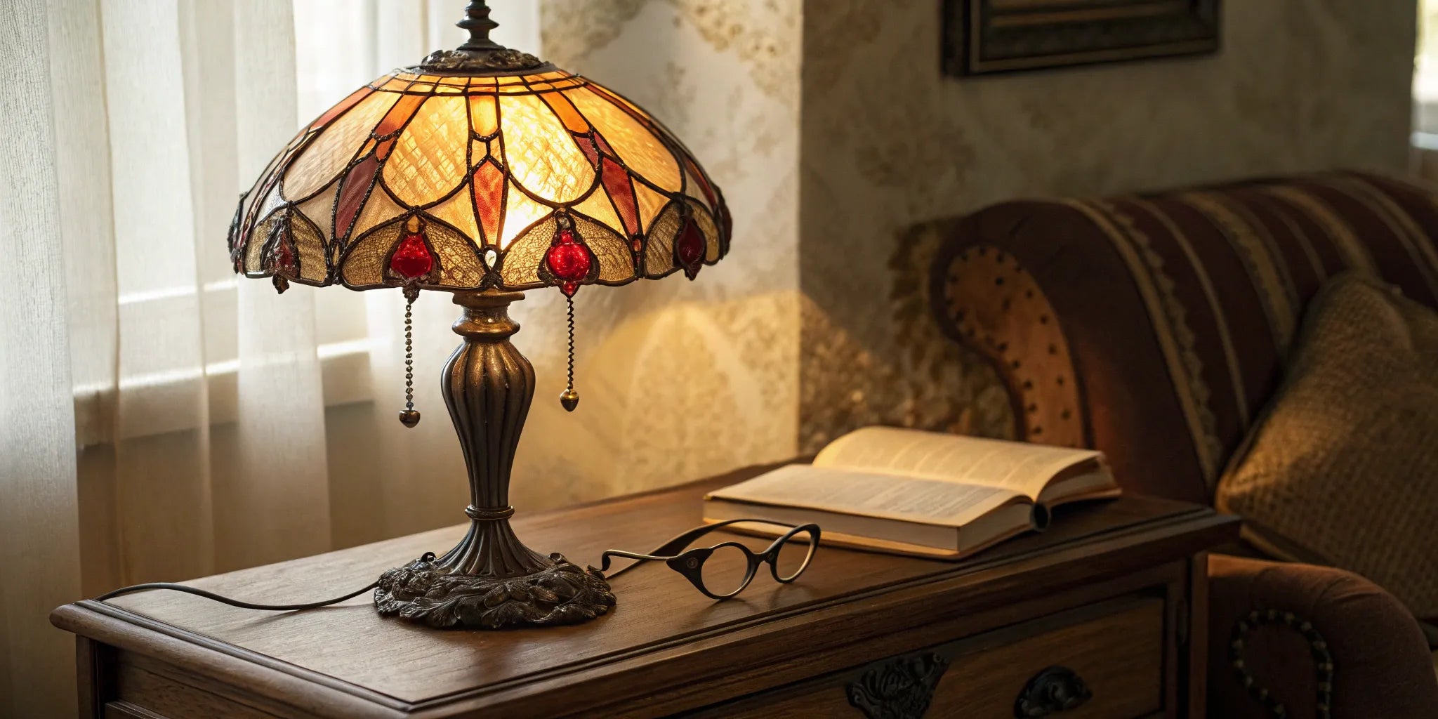 Vintage table lamp with stained glass shade.