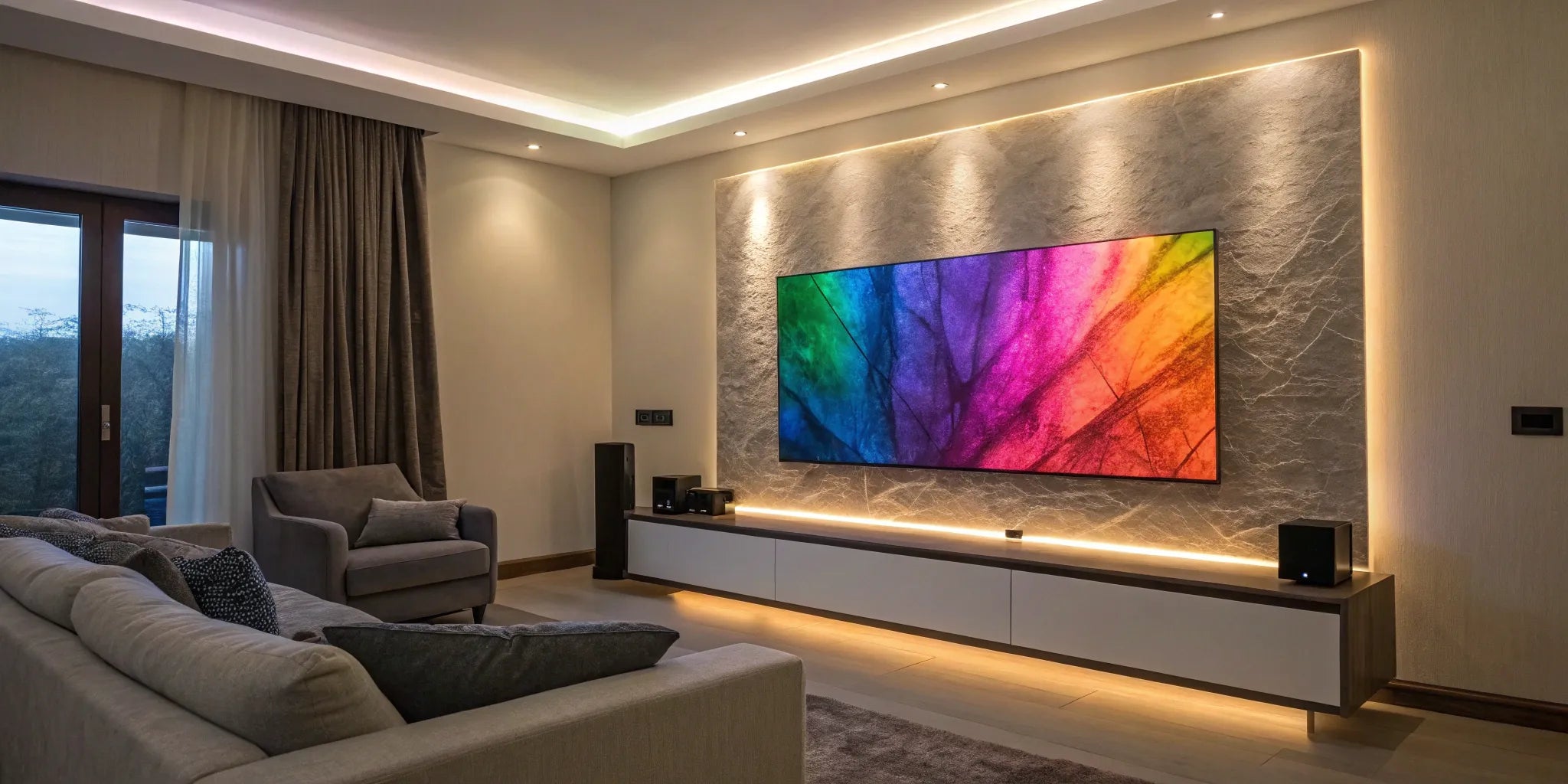 LED wall art on textured wall.