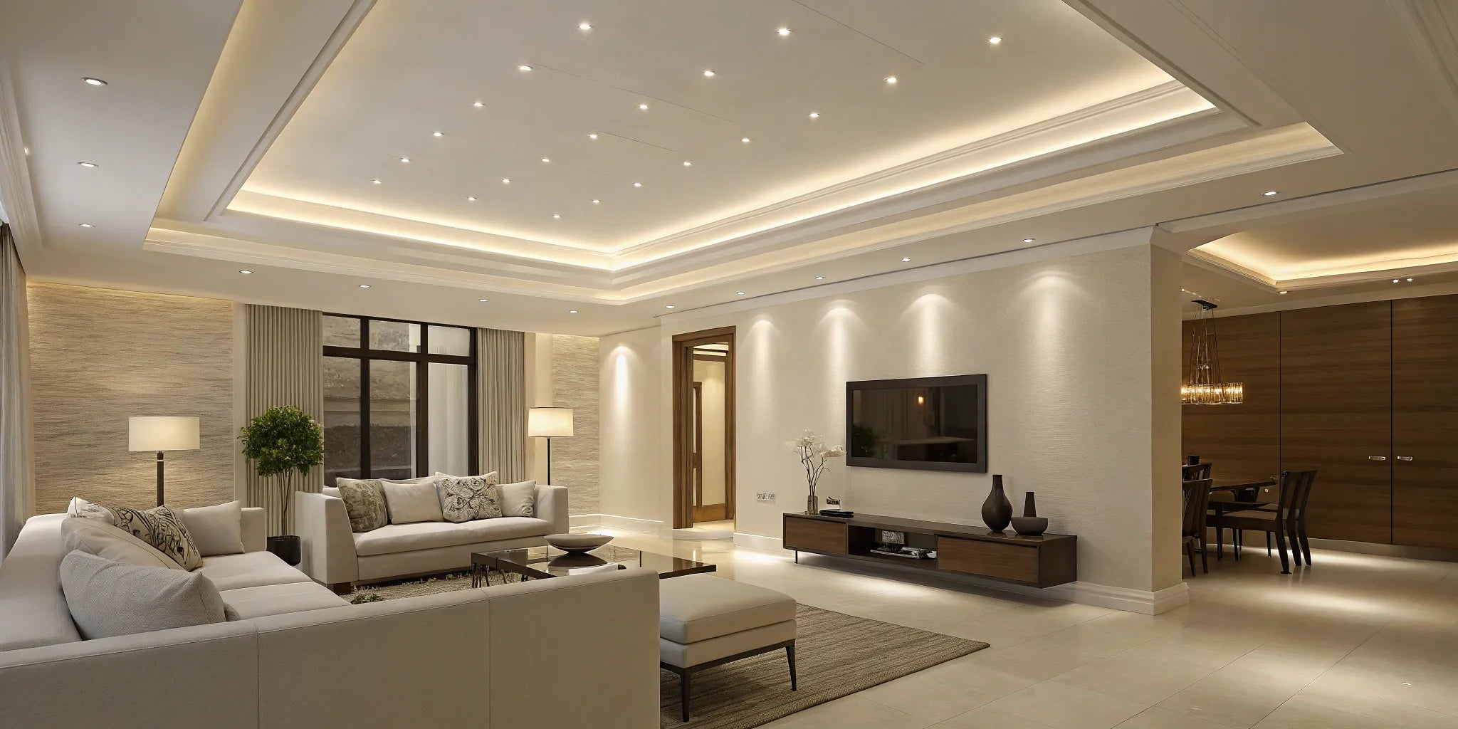 Wireless recessed lights illuminate a modern living room.