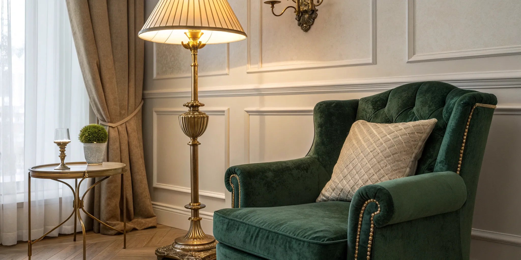 Antique brass floor lamp illuminating a living room.