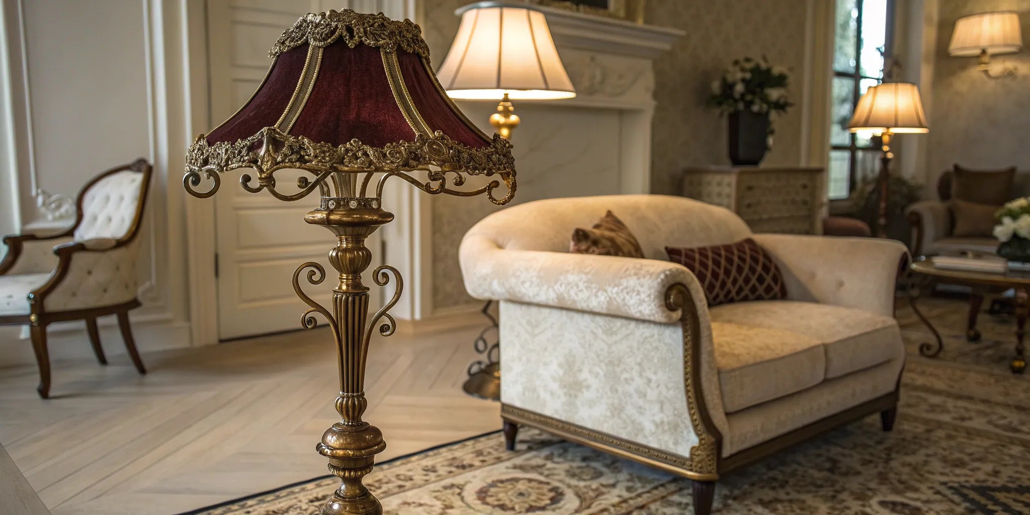 Antique floor lamp with ornate shade.