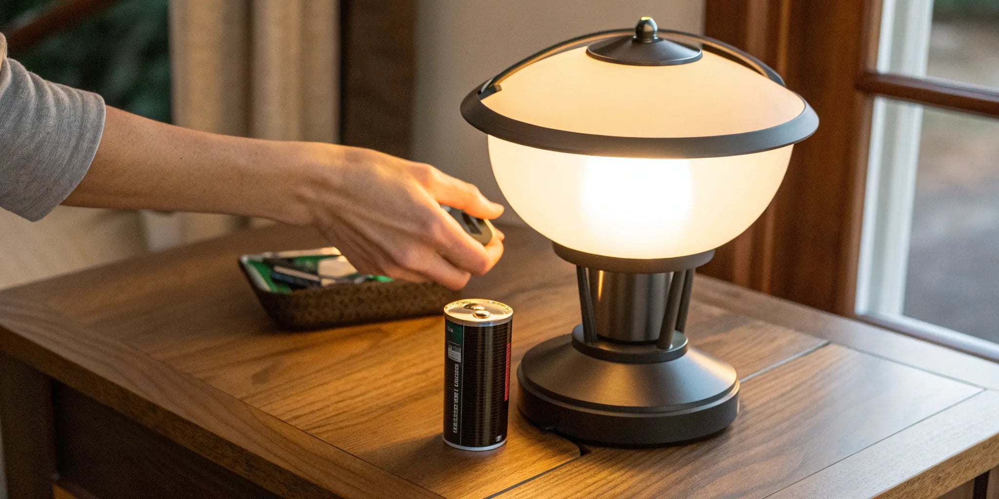 A person properly installing a new battery into a Coleman lamp.