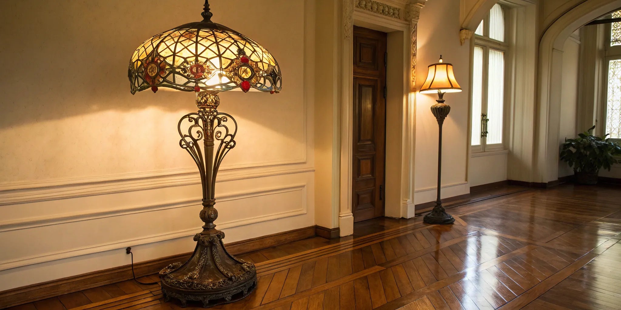 Antique floor lamp with brass details on a polished wood floor.