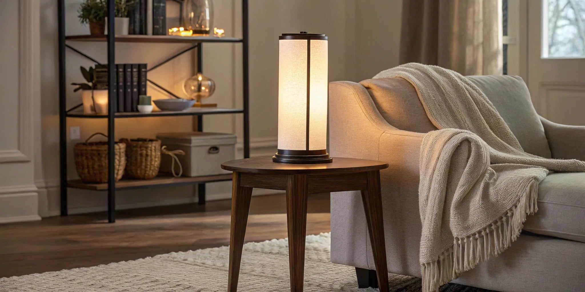 Battery powered table lamp on a side table.