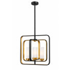 A modern three-light linear pendant chandelier in a square frame, shown in a large front view and a smaller top-down view. The fixture features a dark oil-rubbed bronze finish with gold accents and frosted white glass shades.