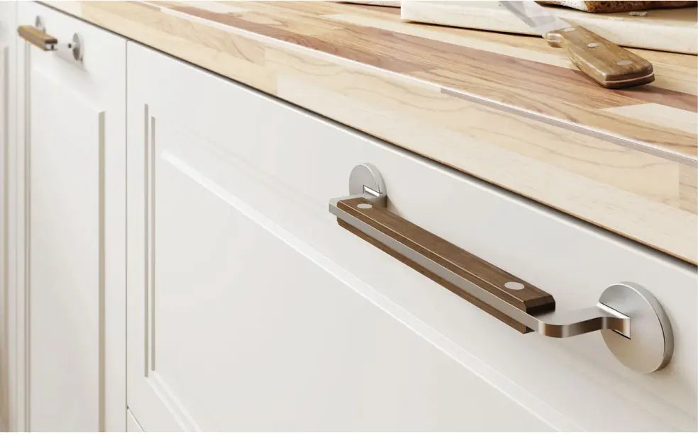 Modern kitchen cabinet with wood and metal pull handle