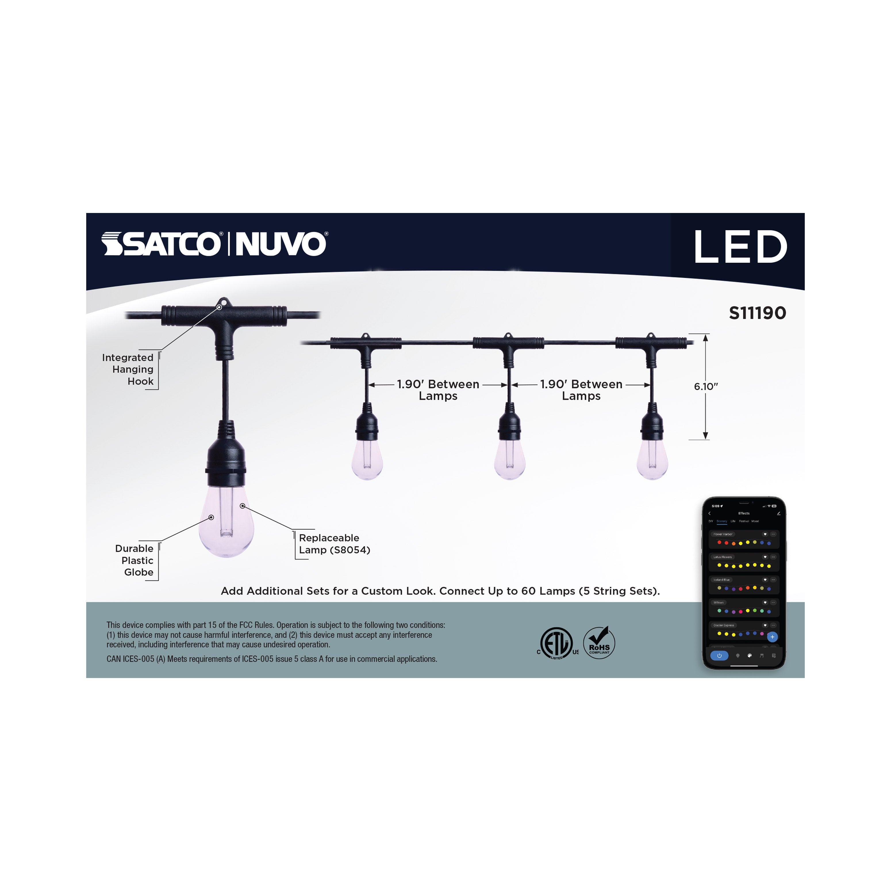 Satco Products S11190 Starfish Smart LED 24ft - 12 Light - Indoor/Outdoor String Lights