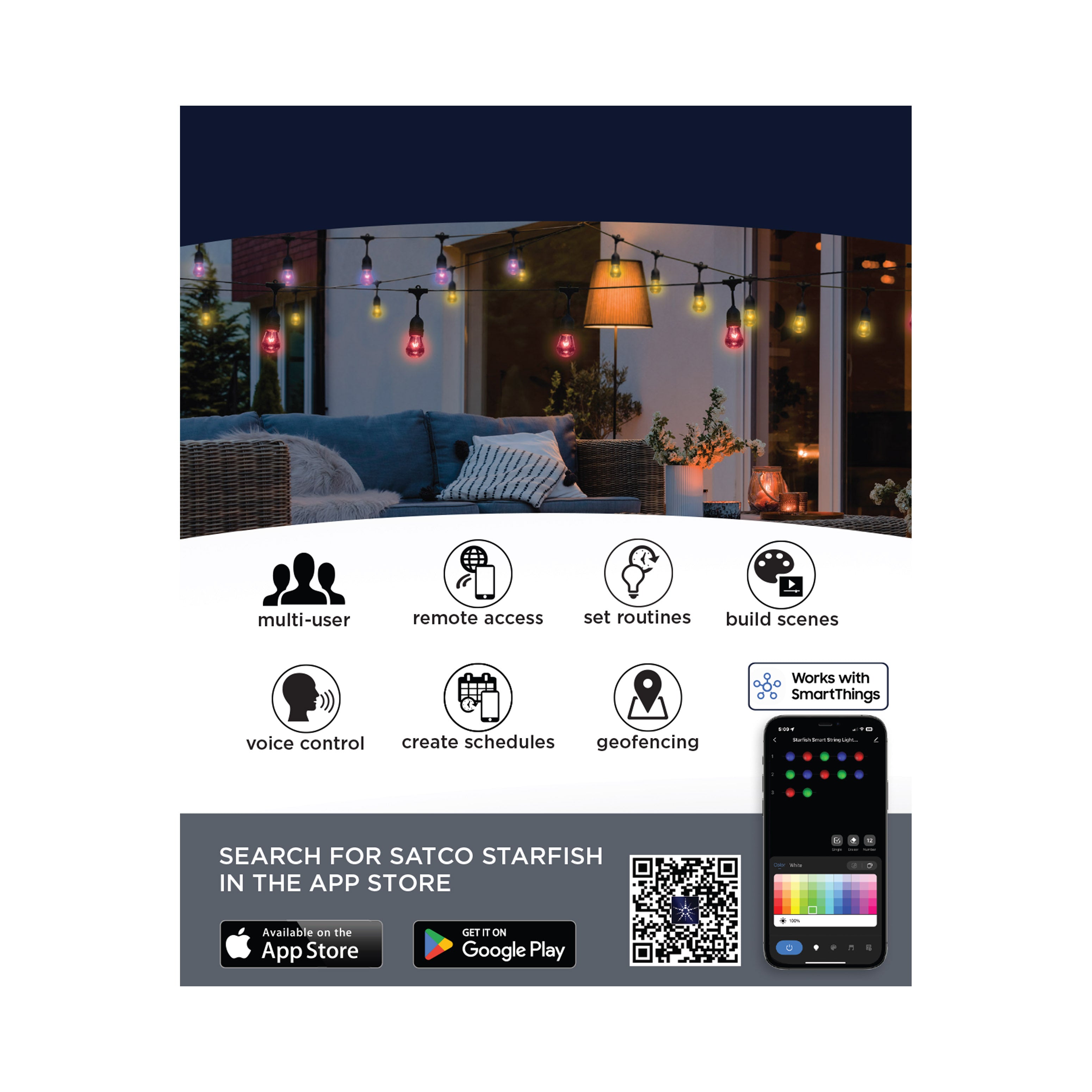 Satco Products S11190 Starfish Smart LED 24ft - 12 Light - Indoor/Outdoor String Lights