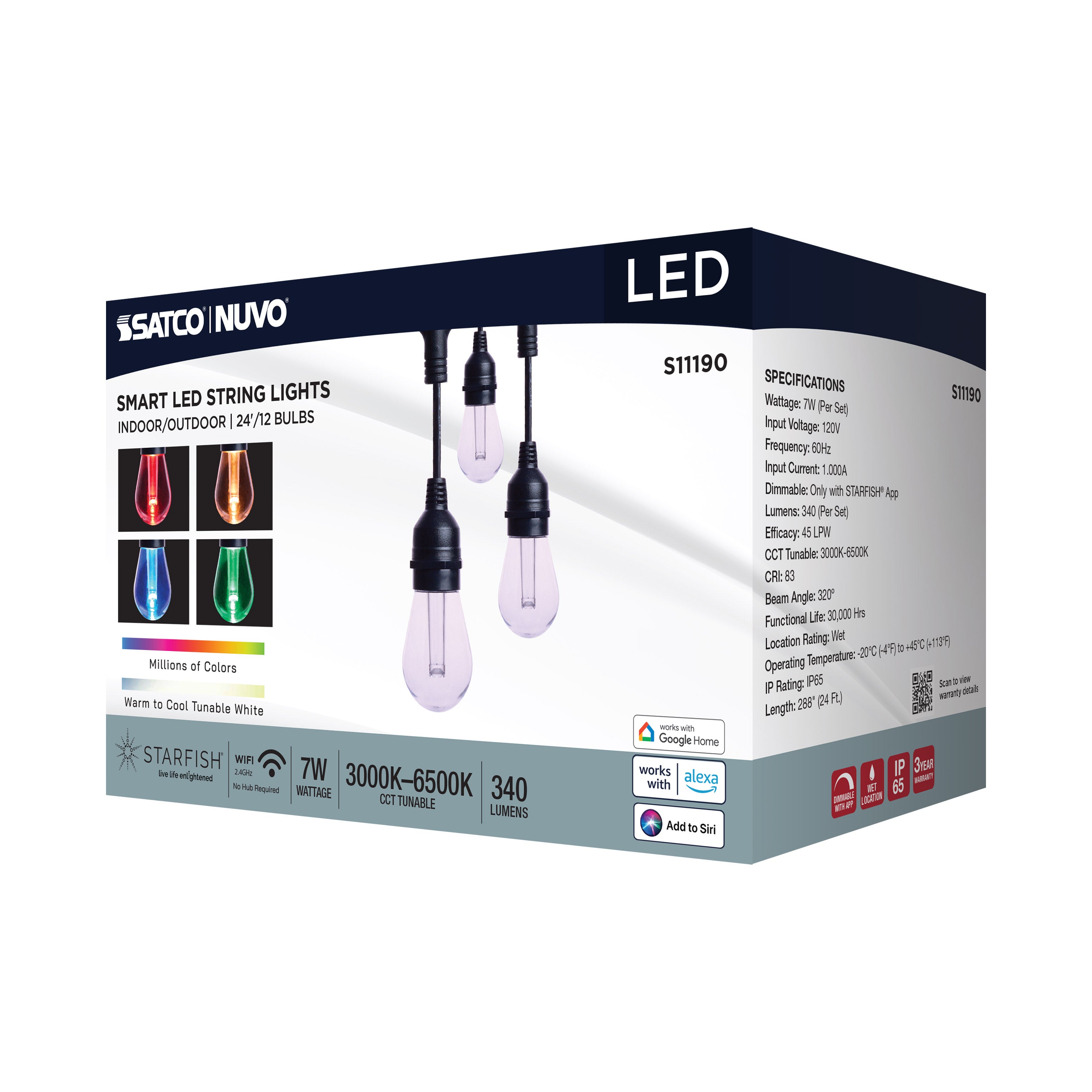 Satco Products S11190 Starfish Smart LED 24ft - 12 Light - Indoor/Outdoor String Lights