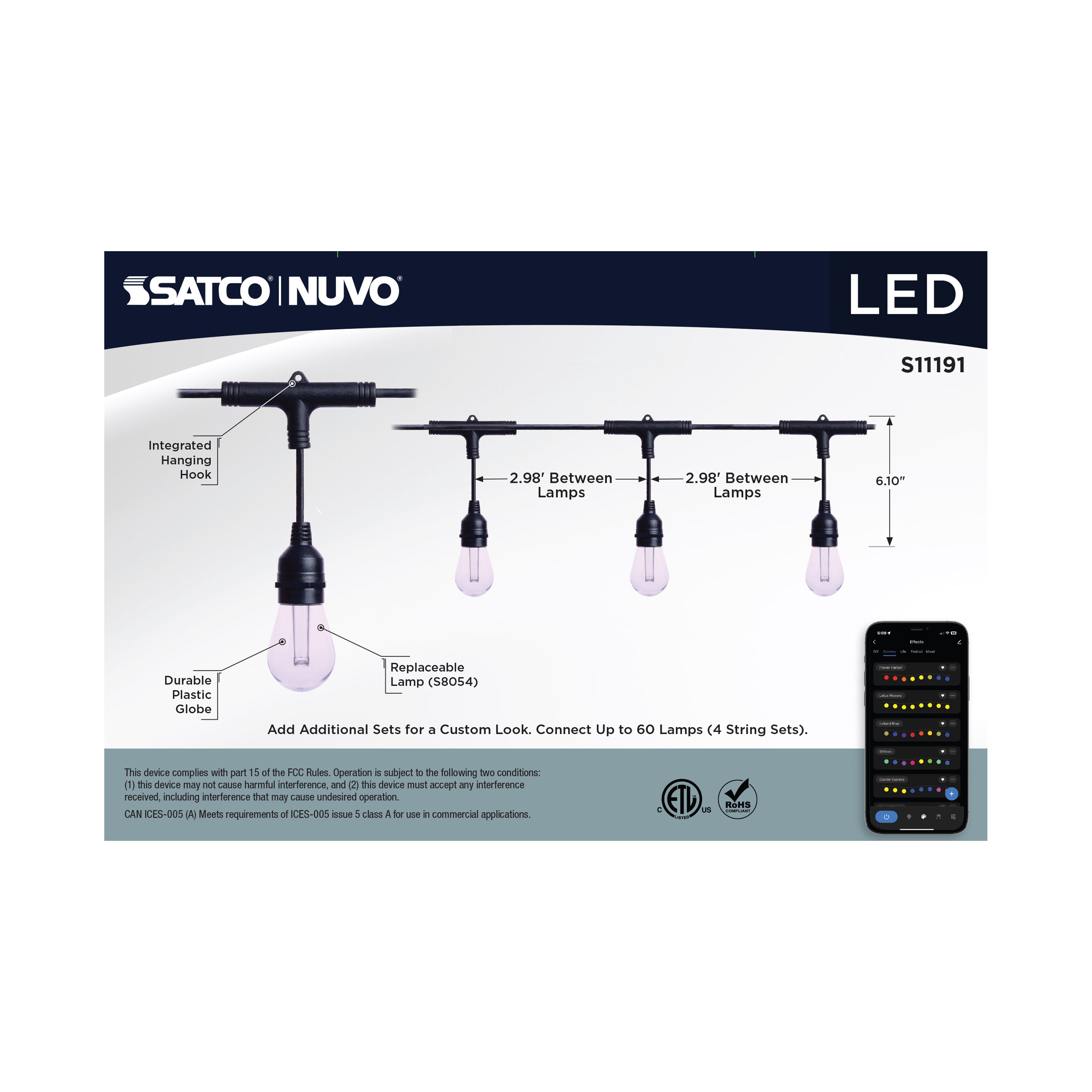Satco Products S11191 Starfish Smart LED 48ft - 15 Light - Indoor/Outdoor String Lights
